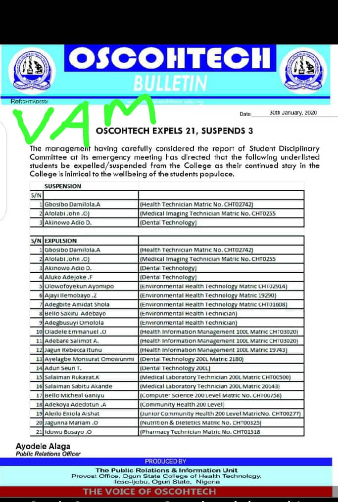 Ogun State College of Heath Technology Expels 21 Students, Suspends 3 Others