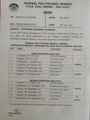 FEDERAL POLYTECHNIC, NEKEDE  RELEASES 2020/2021 ACADEMIC CALENDAR