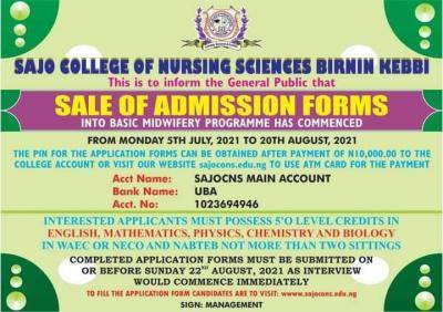 Sajo College of Nursing Sciences Releases Basic Midwifery Admission Form  For 2021/2022 Academic Session