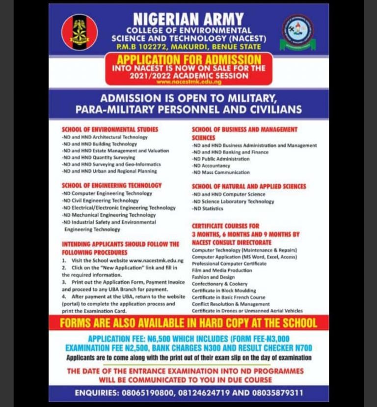 NIGERIAN ARMY COLLEGE OF ENVIRONMENTAL SCIENCE TECHNOLOGY (NACEST) ANNOUNCES ADMISSION APPLICATION FORM FOR 2021/2022 ACADEMIC SESSION
