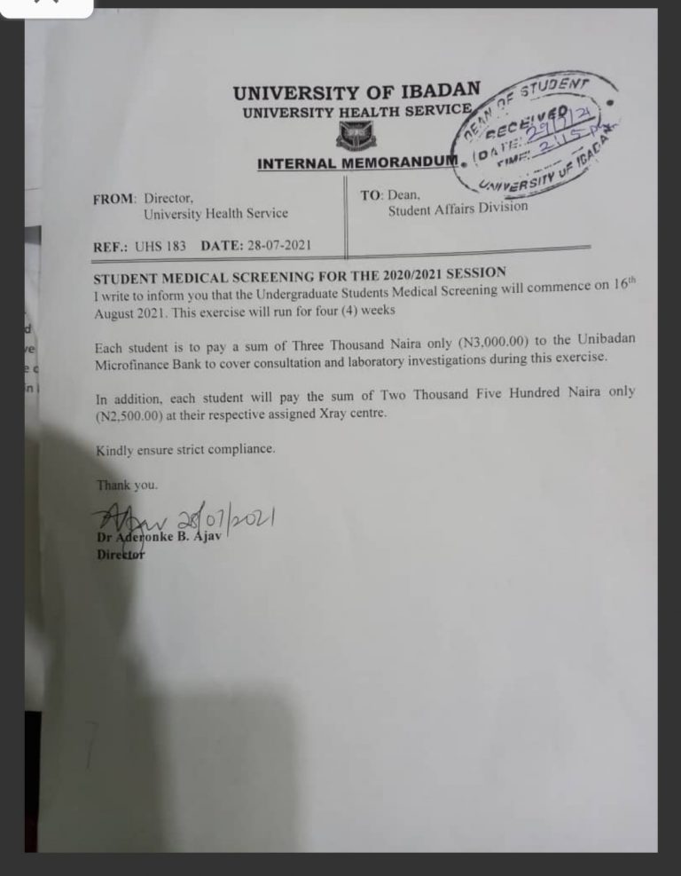 University Of Ibadan, UI Announces Medical Screening For Freshers