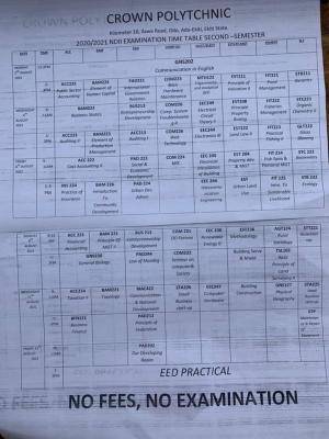 CROWN POLYTECHNIC 2020/2021 SECOND SEMESTER EXAMINATION TIMETABLE