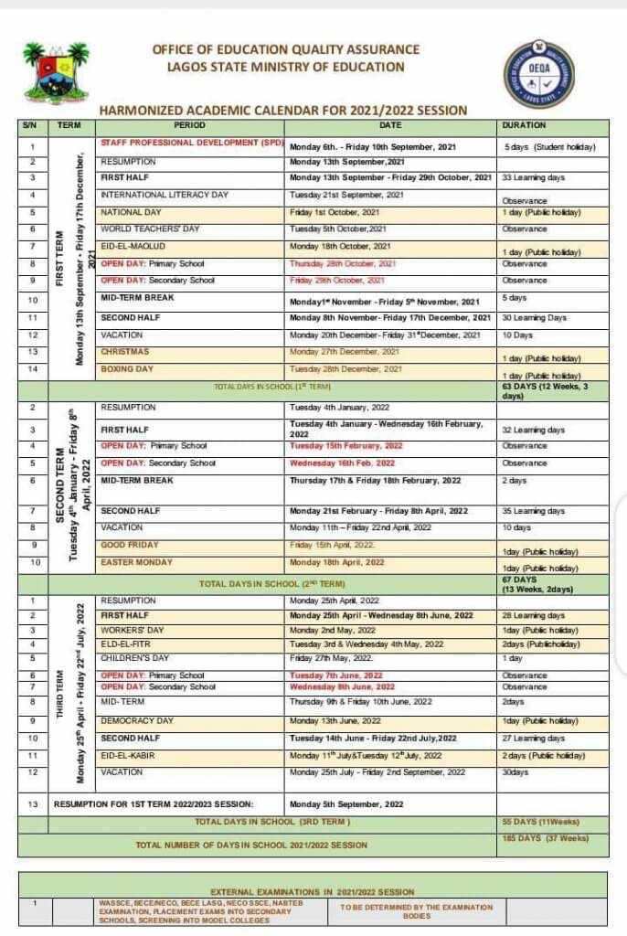 LAGOS RELEASES 2021/2022 CALENDAR FOR BASIC/SECONDARY SCHOOLS