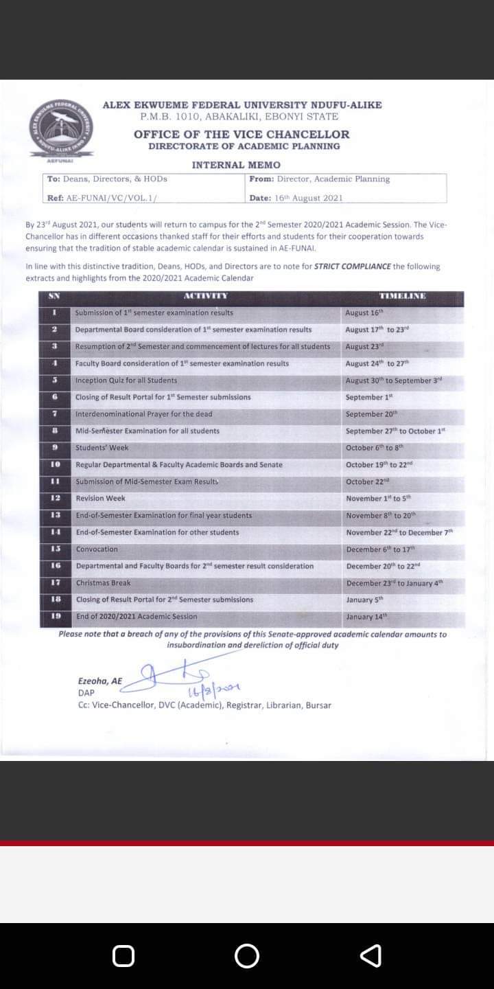 ALEX EKWUEME FEDERAL UNIVERSITY NDUFU-ALIKE RELEASES SECOND SEMESTER CALENDAR FOR 2020/2021 ACADEMIC SESSION