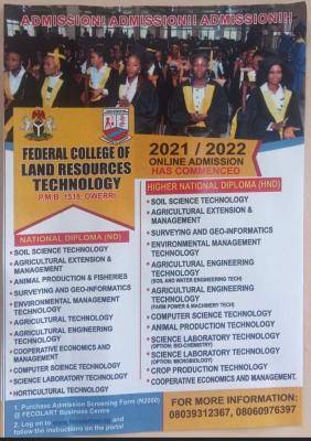 FEDERAL COLLEGE OF LAND RESOURCES TECHNOLOGY RELEASES ADMISSION FORM FOR 2021/2022 ACADEMIC SESSION