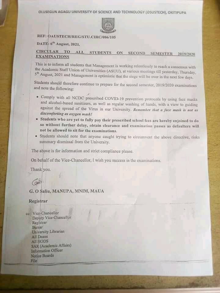 OLUSEGUN AGAGU UNIVERSITY OF SCIENCE AND TECHNOLOGY, (OAUSTECH) RELEASES IMPORTANT NOTICE TO ALL STUDENTS ON SECOND SEMESTER EXAMINATION FOR 2019/2020 ACADEMIC SESSION