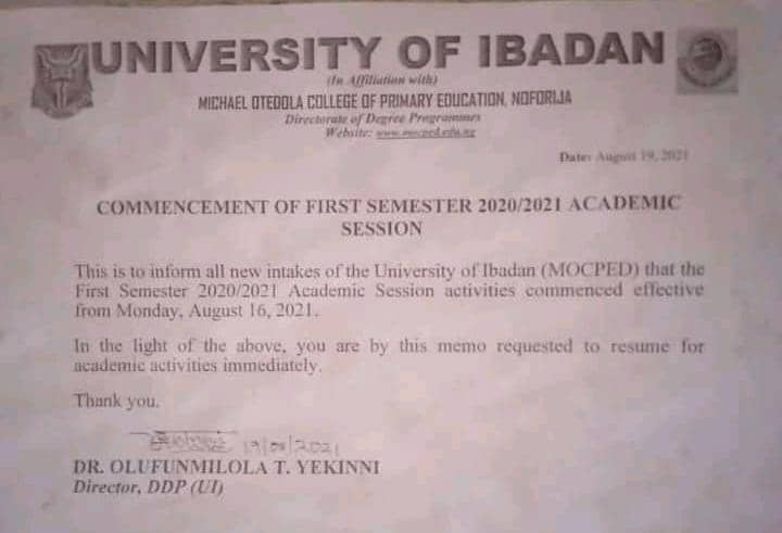 MICHAEL OTEDOLA COLLEGE OF PRIMARY EDUCATION ( AFFILIATED WITH UNIVERSITY OF IBADAN)  (UI) ISSUES IMPORTANT NOTICE ON COMMENCEMENT OF FIRST SEMESTER 2020/2021 ACADEMIC SESSION