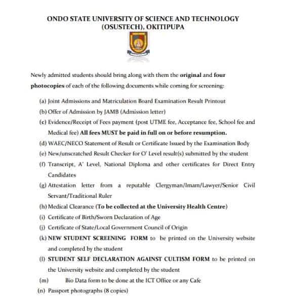 ONDO STATE UNIVERSITY OF SCIENCE AND TECHNOLOGY (OSUSTECH) ISSUES IMPORTANT NOTICE TO NEWLY ADMITTED STUDENTS ON SCREENING FOR 2020/2021 SESSION