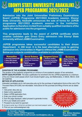 EBOYIN STATE UNIVERSITY {EBSU} RELEASES JUPEB ADMISSION FORM FOR 2021/2022 ACADEMIC SESSION