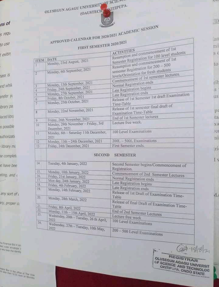 OLUSEGUN AGAGU UNIVERSITY OF SCIENCE AND TECHNOLOGY (OAUSTECH) RELEASES APPROVED ACADEMIC CALENDAR FOR 2020/2021 ACADEMIC SESSION
