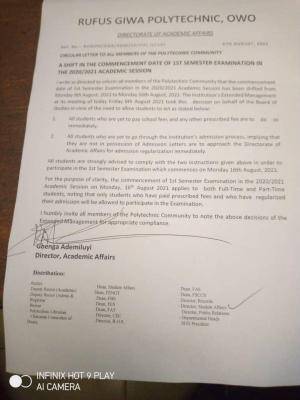 RUFUS GIWA POLYTECHNIC, OWO (RUGIPO) RESCHEDULES 1st SEMESTER EXAMINATION FOR 2020/2021 ACADEMIC SESSION