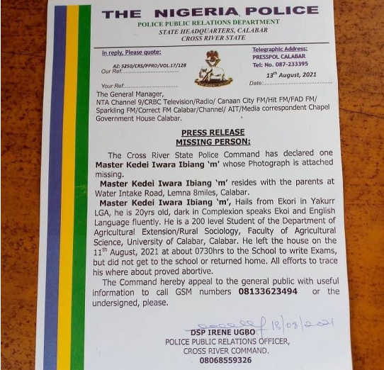 200 LEVEL UNIVERSITY OF CALABAR, (UNICAL) STUDENT DECLARED MISSING BY THE POLICE