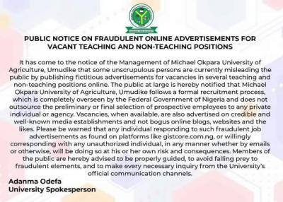 MICHAEL OKPARA UNIVERSITY OF AGRICULTURE, UMUDIKE (MOUAU) DISCLAIMER NOTICE ON RECRUITMENT