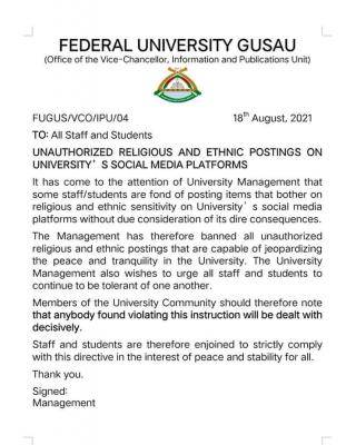 FEDERAL UNIVERSITY GUSAU, (FUGUSAU) BANS POSTING OF UNAUTHORIZED RELIGIOUS AND ETHNIC POSTS ON UNIVERSITY’S PLATFORM