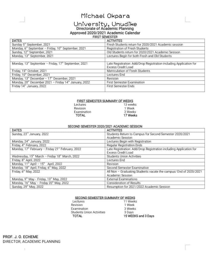 MICHAEL OKPARA UNIVERSITY OF AGRICULTURE, UMUDIKE RELEASES APPROVED 2020/2021 CALENDAR