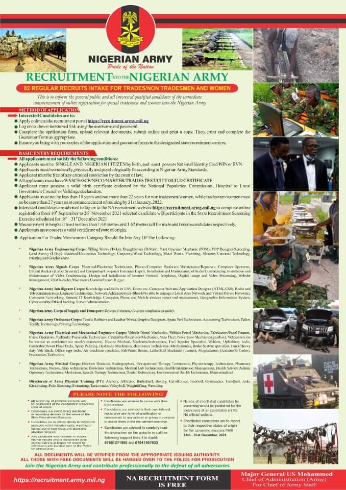 NIGERIAN ARMY ANNOUNCES RECRUITMENT
