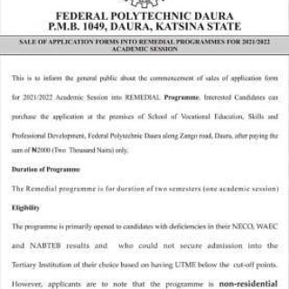 FEDERAL POLYTECHNIC DAURA RELEASES REMEDIAL ADMISSION FORM 2021/2022 SESSION
