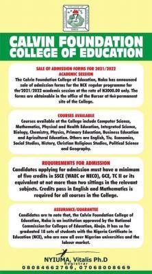 CALVIN FOUNDATION COLLEGE OF EDUCATION RELEASES ADMISSION FORM FOR 2021/2022 SESSION
