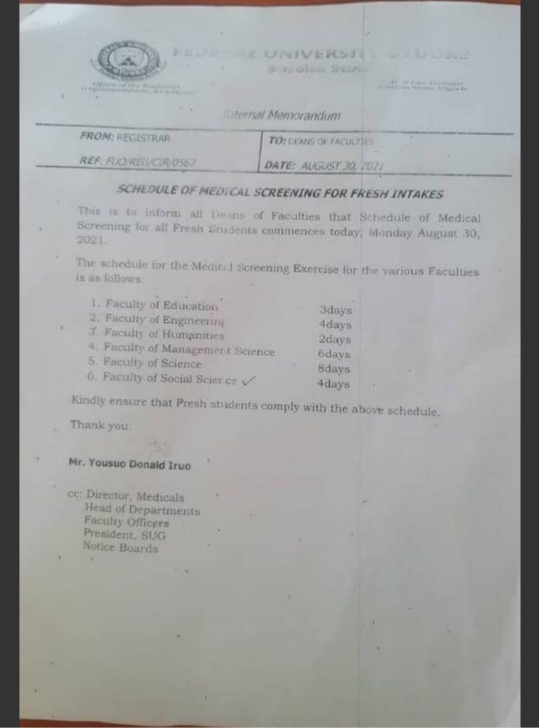 FEDERAL UNIVERSITY OTUOKE RELEASES SCHEDULE OF MEDICAL SCREENING FOR FRESH INTAKES