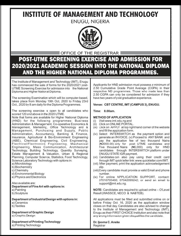 INSTITUTE OF MANAGEMENT AND TECHNOLOGY {IMT} ENUGU RELEASES ND/HND ADMISSION FORM FOR 2021/2022  SESSION