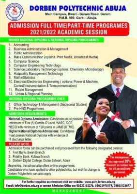 DORBEN POLYTECHNIC RELEASES ND & HND ADMISSION FORM FOR 2021/2022 ACADEMIC SESSION