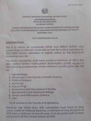 FEDERAL UNIVERSITY, DUTSIN-MA {FUDUTSINMA} POST-UTME/DE 2021: CUT-OFF MARK, ELIGIBILITY AND REGISTRATION DETAILS