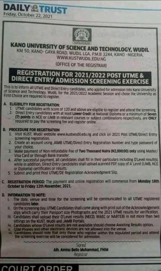 KANO UNIVERSITY OF SCIENCE AND TECHNOLOGY, WUDIL RELEASES 2021/2022 POST UTME APPLICATION FORM
