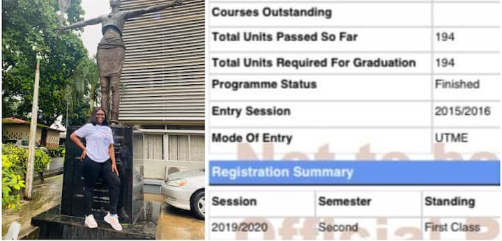 NIGERIAN LADY MAKES HISTORY IN UNILAG, BAGS THE ONLY FIRST-CLASS IN HER CLASS, SHARES RESULT PROOF