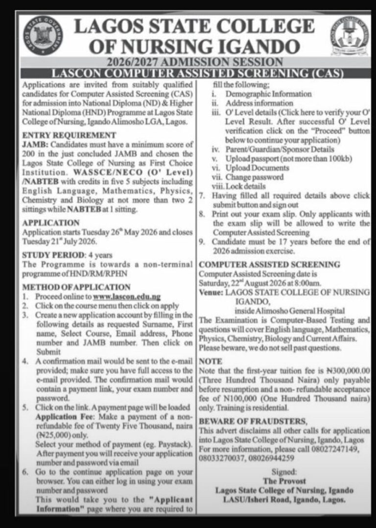LAGOS STATE COLLEGE OF NURSING, IGANDO [LASCON] RELEASES ND/HND NURSING ...