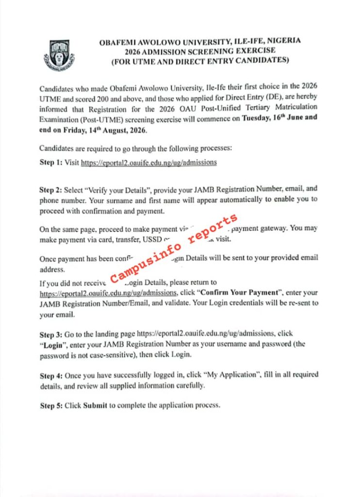 OBAFEMI AWOLOWO UNIVERSITY, ILE-IFE (OAU) RELEASES POST-UTME/DE ...
