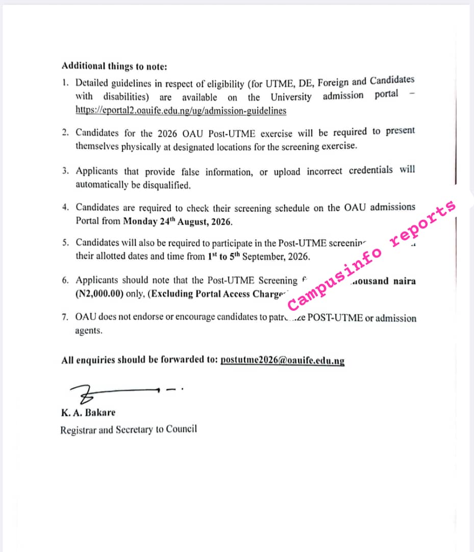 OBAFEMI AWOLOWO UNIVERSITY, ILE-IFE (OAU) RELEASES POST-UTME/DE ...